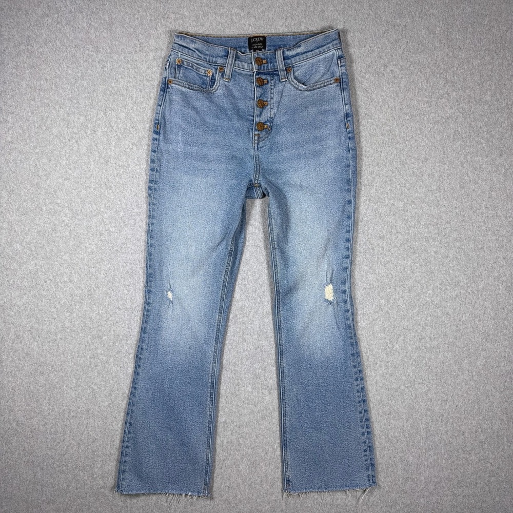 J.Crew High-Rise Flare Crop Jeans Light Wash Button Fly Raw Hem Size 25